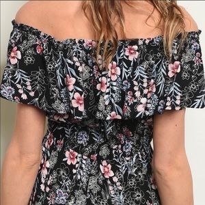 BLACK OFF THE SHOULDERS FLORAL ROMPER